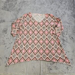 Fresh Produce Top Shirt Womens XL Pink Brown Short Sleeve Flowy A Line Casual